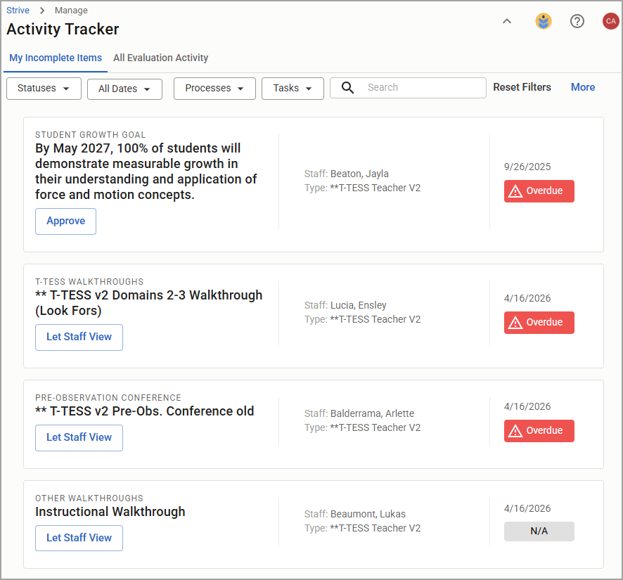Activity tracker displaying incomplete tasks for staff evaluations.